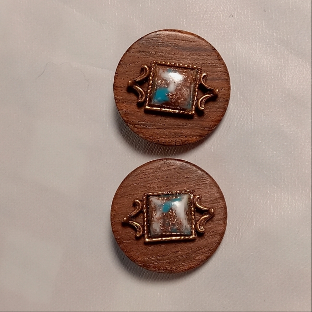 earrings Wooden/faux stone clip on Handcrafted Vtg